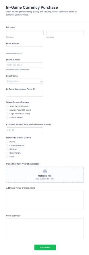In Game Currency Purchase Form Template