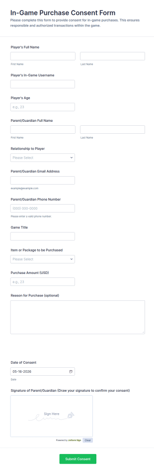 In Game Purchase Consent Form Template