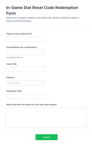 In Game Stat Reset Code Redemption Form Template