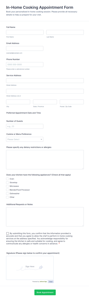 In Home Cooking Appointment Form Template