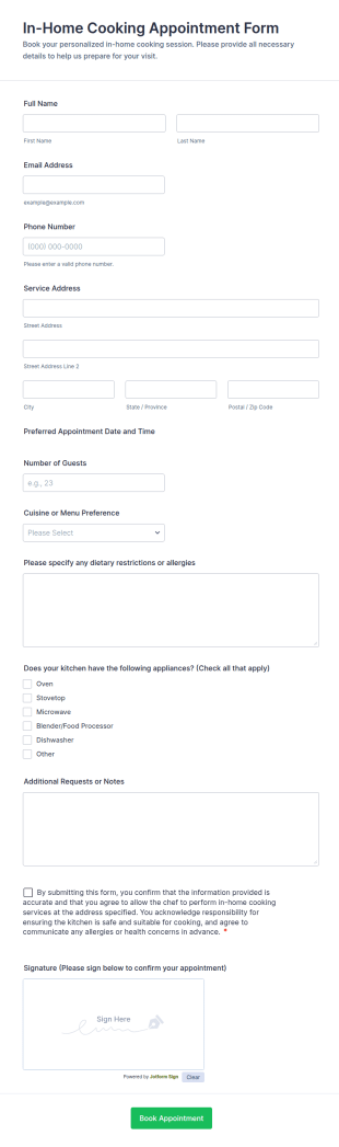 In Home Cooking Appointment Form Template