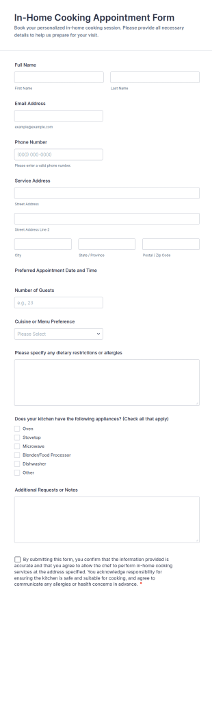 In Home Cooking Appointment Form Template