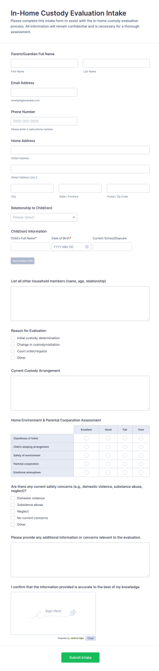In Home Custody Evaluation Intake Form Template