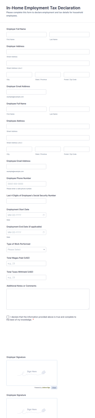 In Home Employment Tax Declaration Form Template