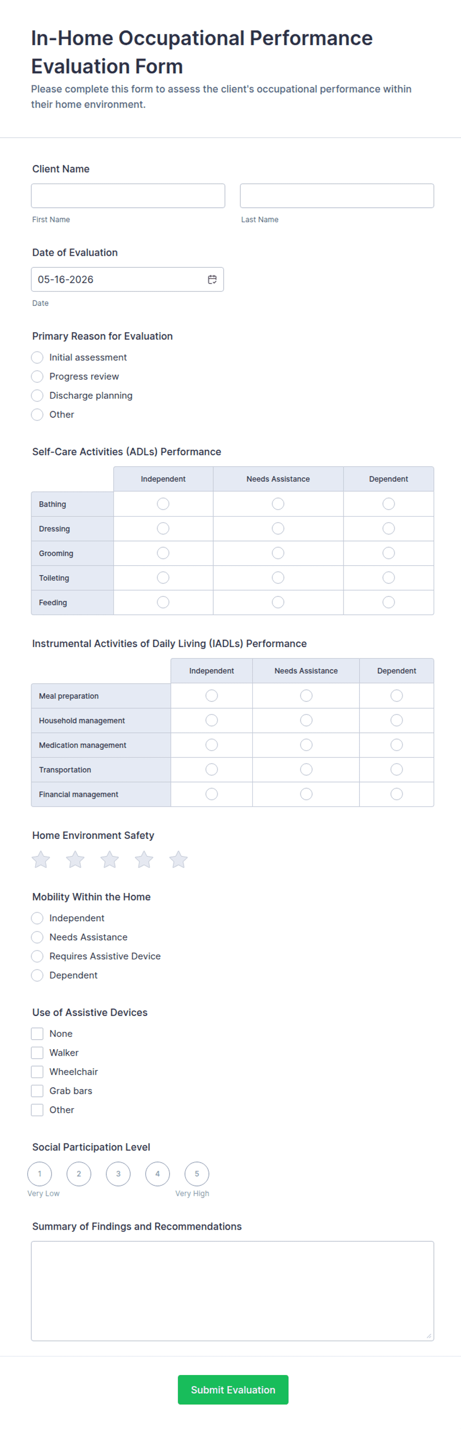 Occupational Performance Analysis Example Form In-Home Occupational Performance Evaluation Form Template | Jotform