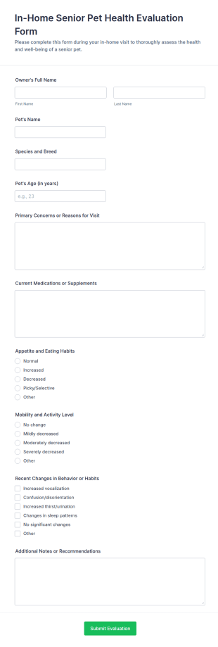 In Home Senior Pet Health Evaluation Form Template