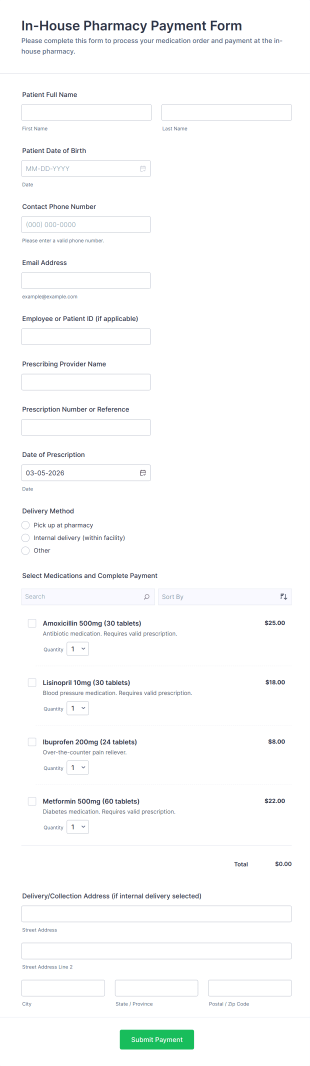 In House Pharmacy Payment Form Template