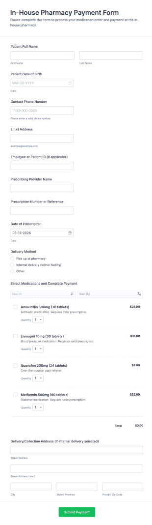 In House Pharmacy Payment Form Template