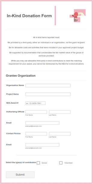In Kind Donation Form Template