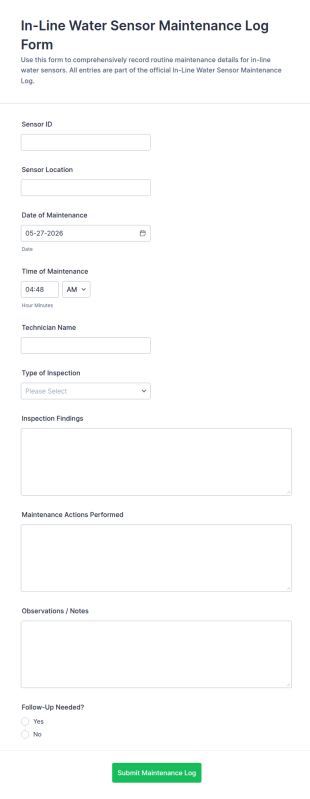 In Line Water Sensor Maintenance Log Form Template
