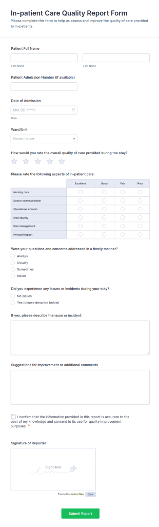 In Patient Care Quality Report Form Template