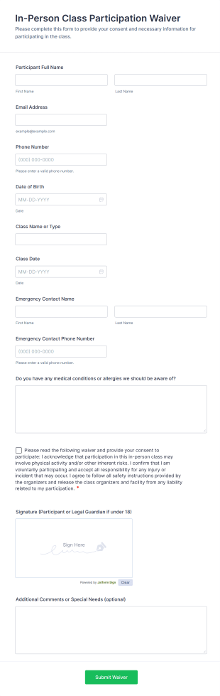 In Person Class Participation Waiver Form Template