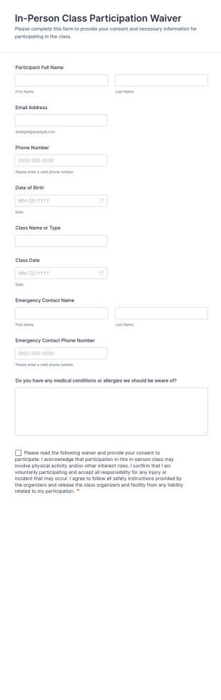 In Person Class Participation Waiver Form Template