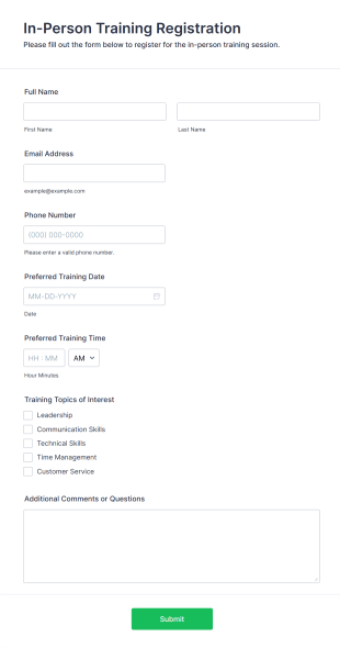 In Person Training Registration Form Form Template