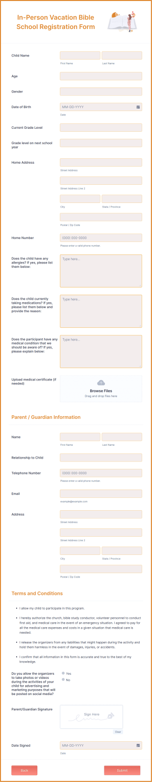 In Person Vacation Bible School Registration Form Template