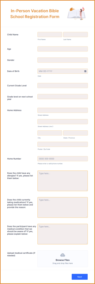In Person Vacation Bible School Registration Form Template