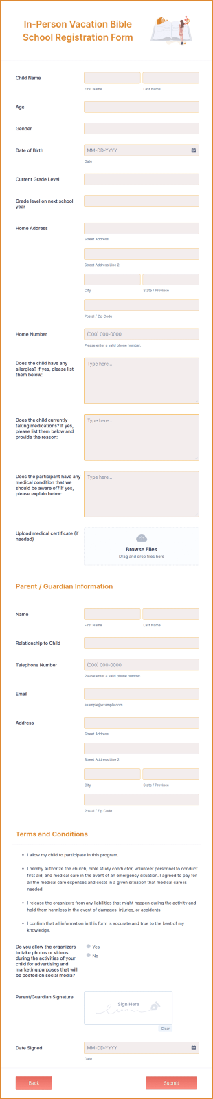 In Person Vacation Bible School Registration Form Template