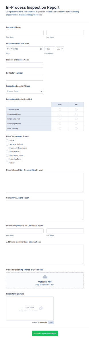 In Process Inspection Report Form Template