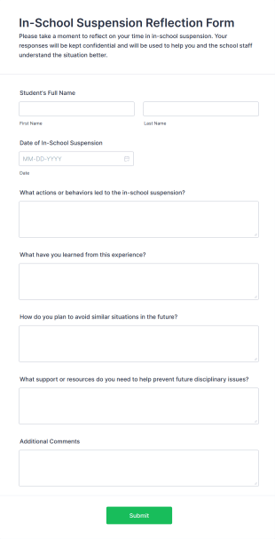 In School Suspension Reflection Form Template