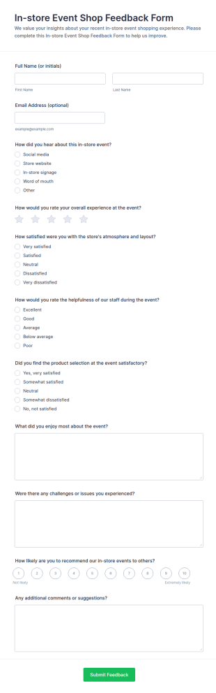 In Store Event Shop Feedback Form Template