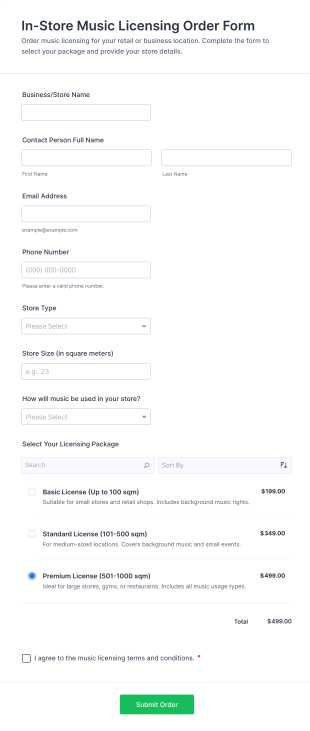 In Store Music Licensing Order Form Template