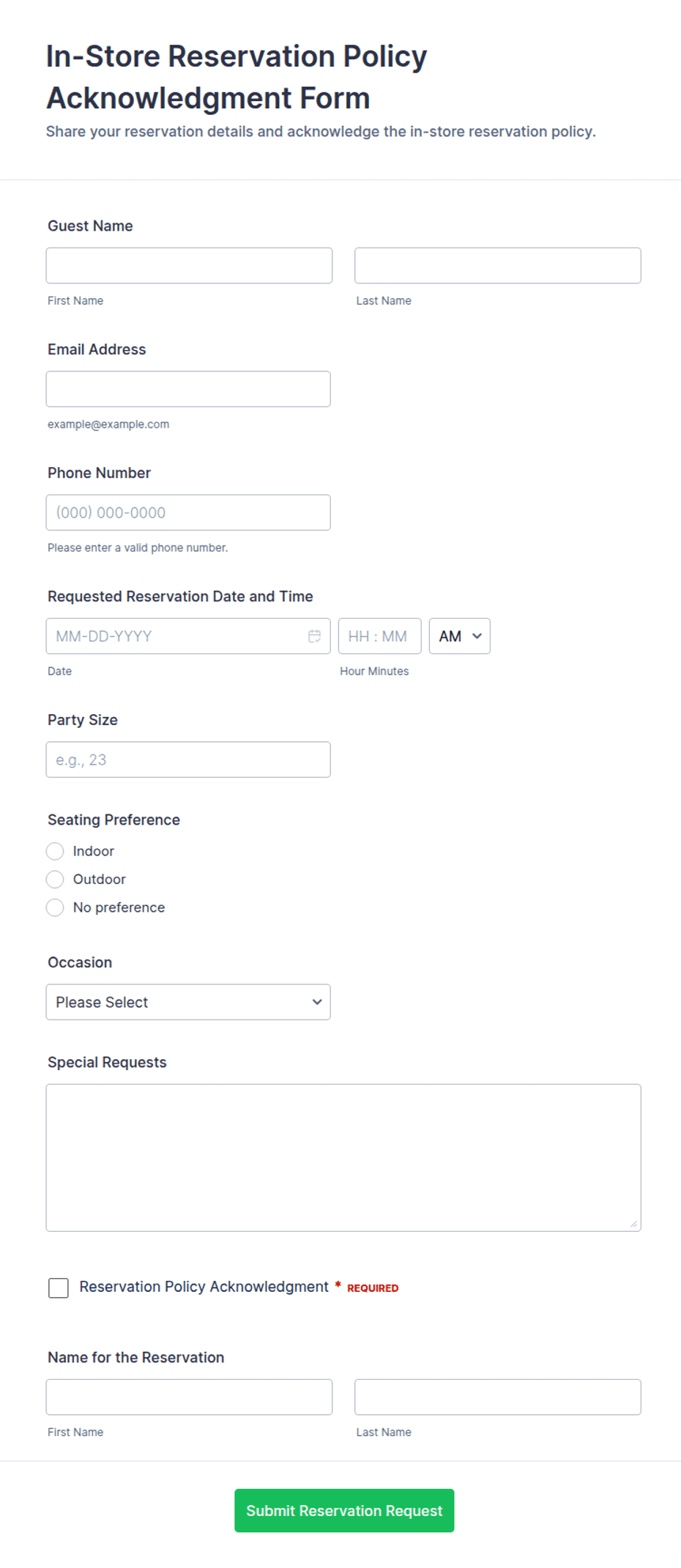 In-Store Reservation Policy Acknowledgment Form Template | Jotform