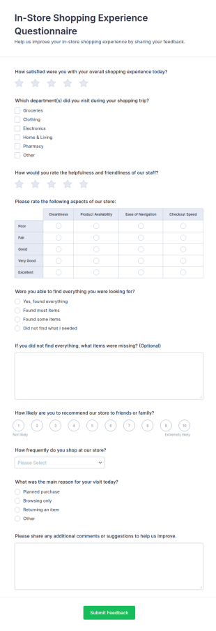 In Store Shopping Experience Questionnaire Form Template