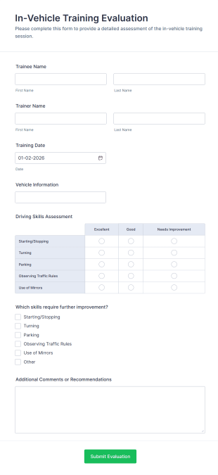 In Vehicle Training Evaluation Form Template