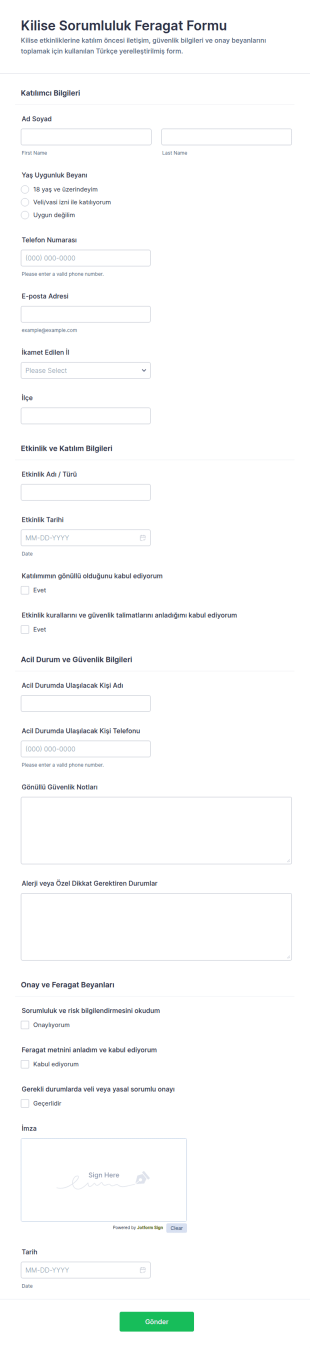 İnanç Serbest Bırakma Form Şablonu