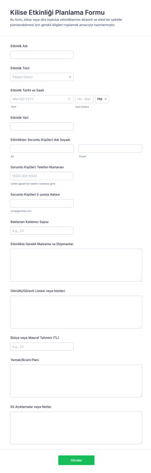 İnanç Topluluğu Etkinlik Planlama Form Şablonu