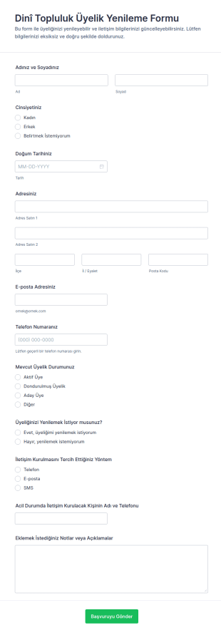 Dinî Topluluk Üyelik Yenileme Form Şablonu