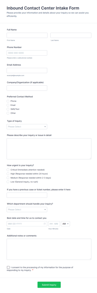 Inbound Contact Center Intake Form Template