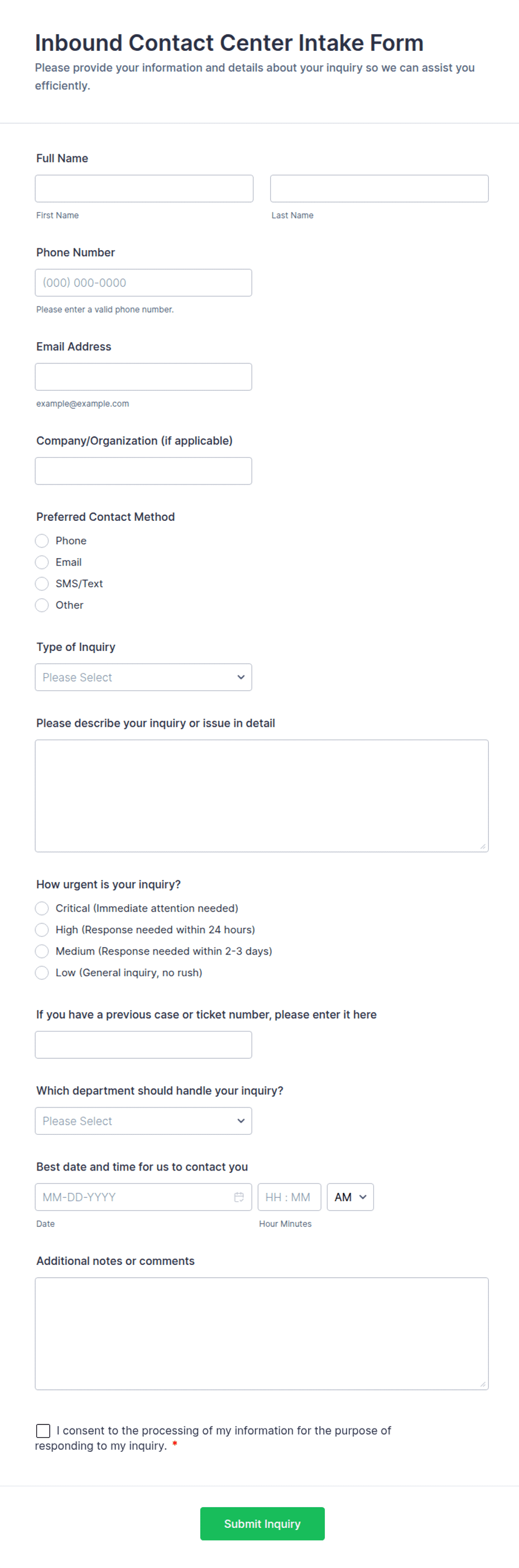 Inbound Contact Center Intake Form Template | Jotform