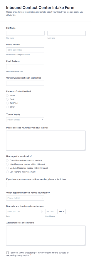 Inbound Contact Center Intake Form Template