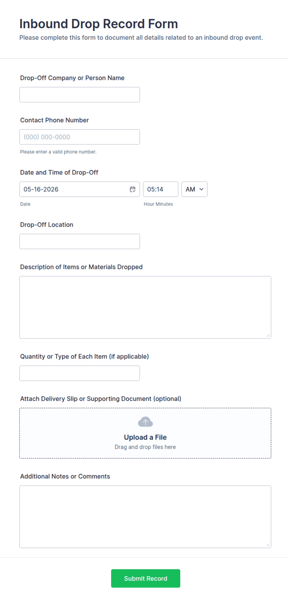 Inbound Drop Record Form Template | Jotform