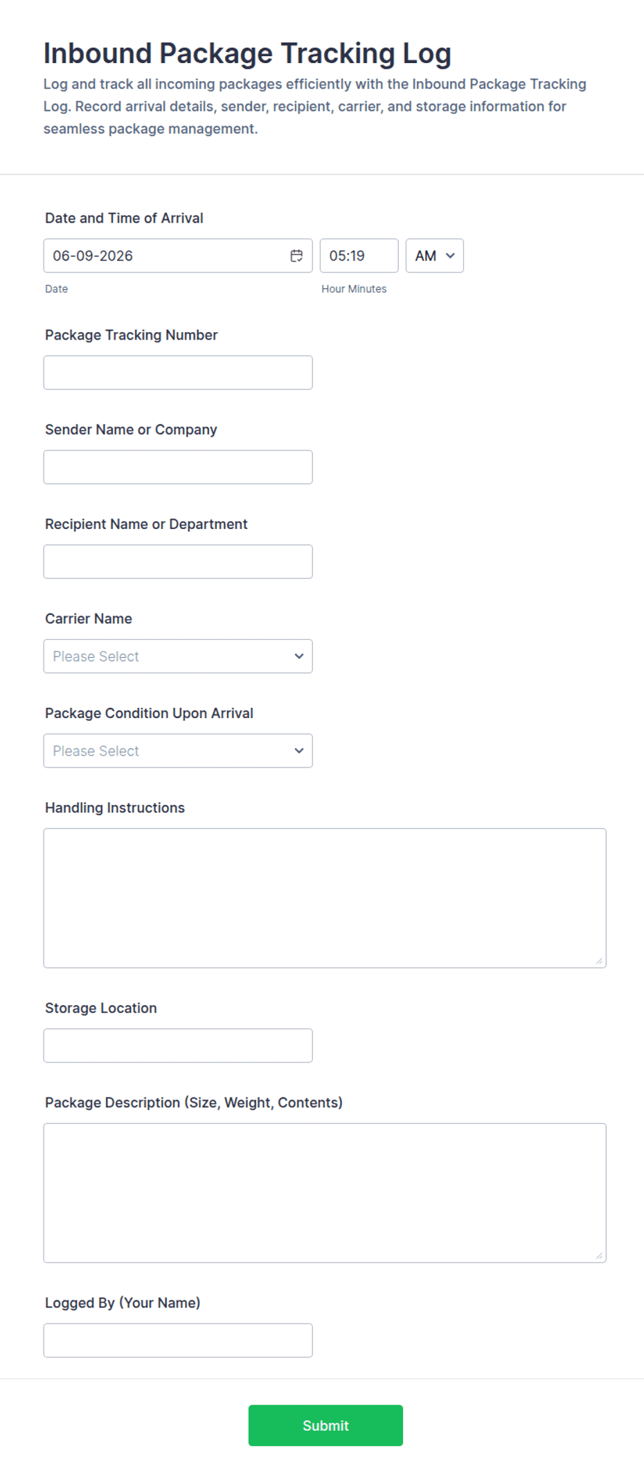 Inbound Package Tracking Log Form Template | Jotform