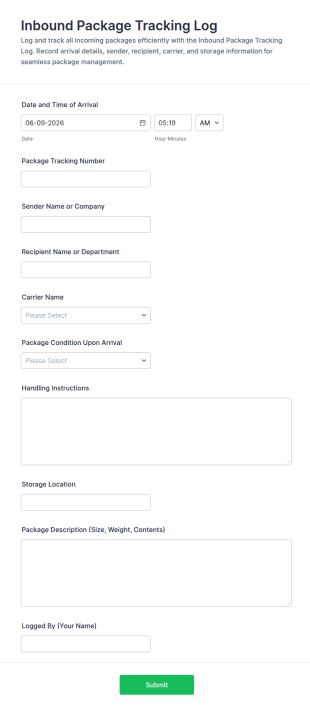 Inbound Package Tracking Log Form Template