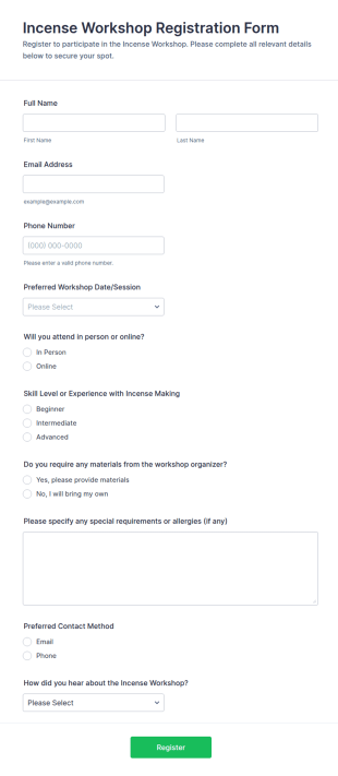 Incense Workshop Registration Form Template