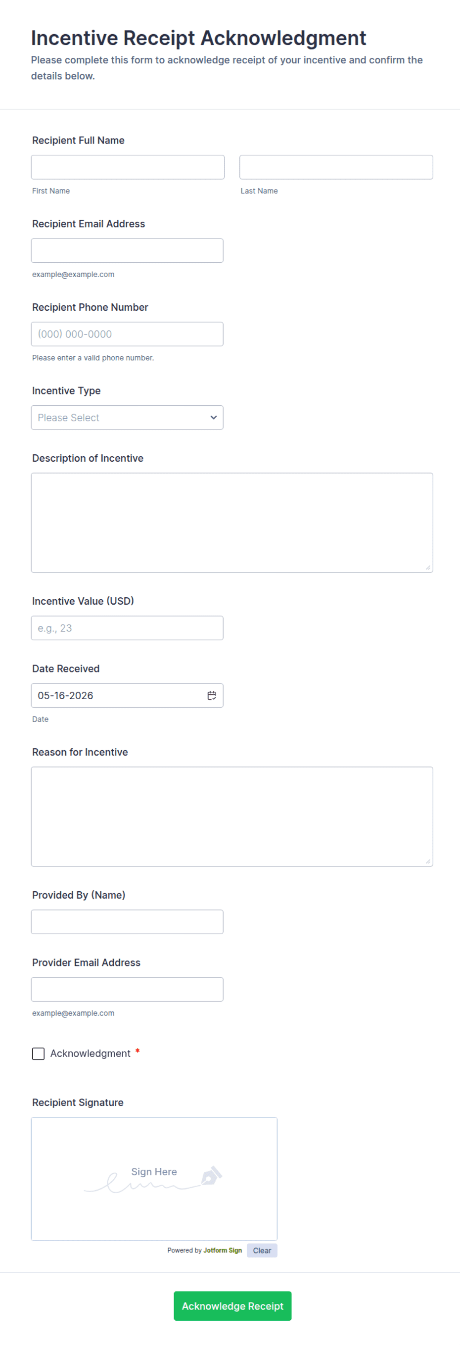Incentive Note Form Incentive Receipt Acknowledgment Form Template | Jotform