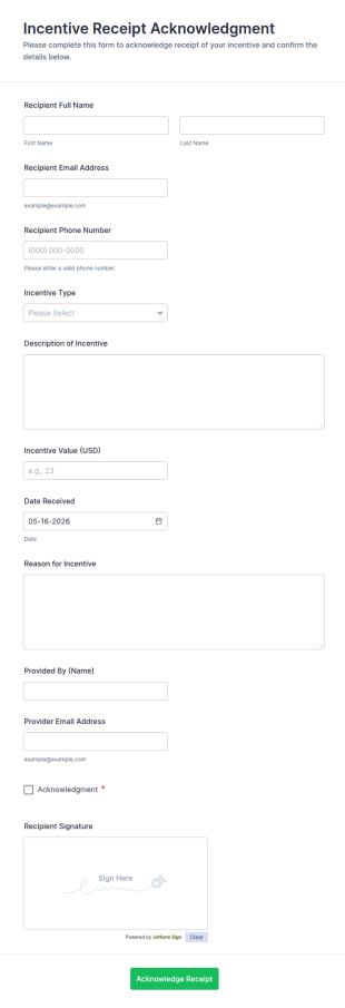 Incentive Receipt Acknowledgment Form Template