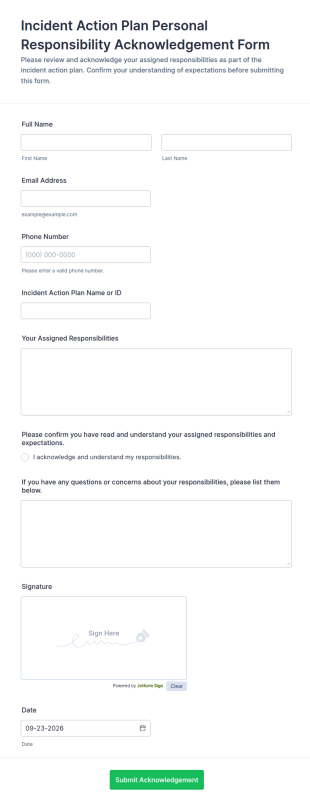 Incident Action Plan Personal Responsibility Acknowledgement Form Template