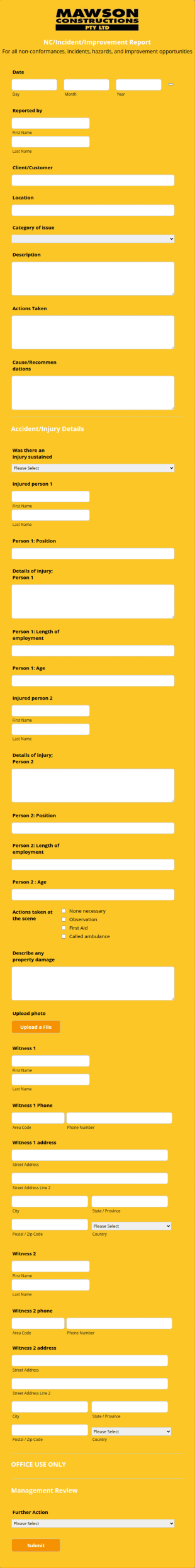 Incident And Improvement Report Form Template