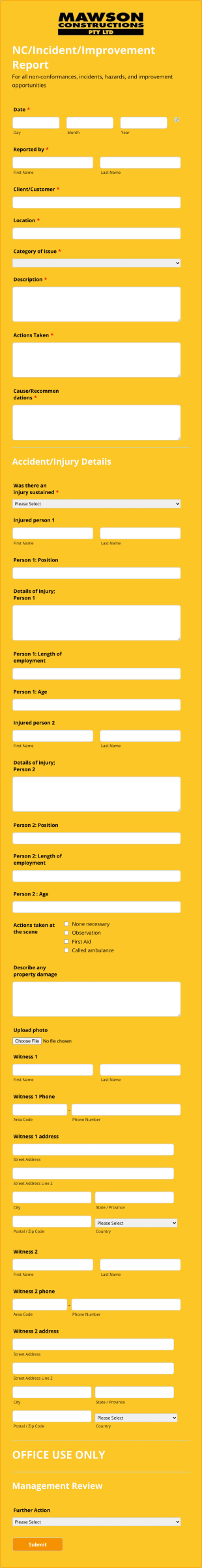 Incident And Improvement Report Form Template