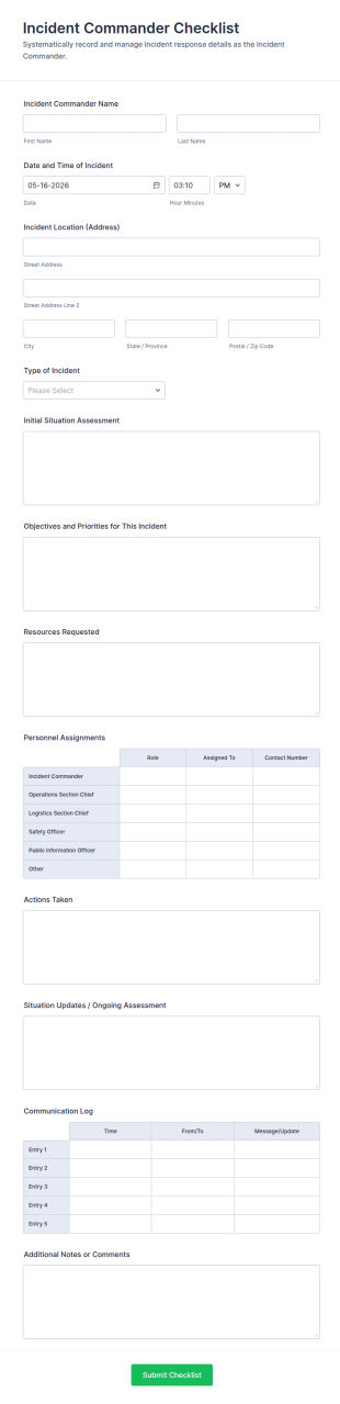 Incident Commander Checklist Form Template
