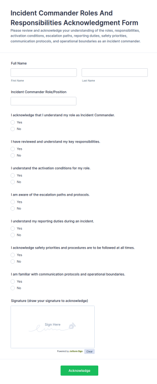 Incident Commander Roles And Responsibilities Acknowledgment Form Template