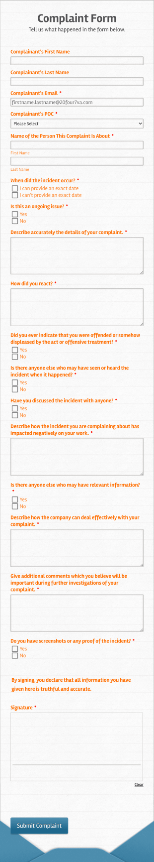 Incident Complaint Form Template