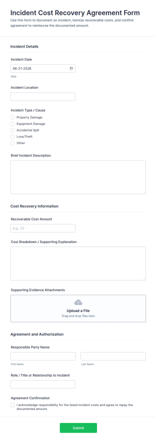Incident Cost Recovery Agreement Form Template