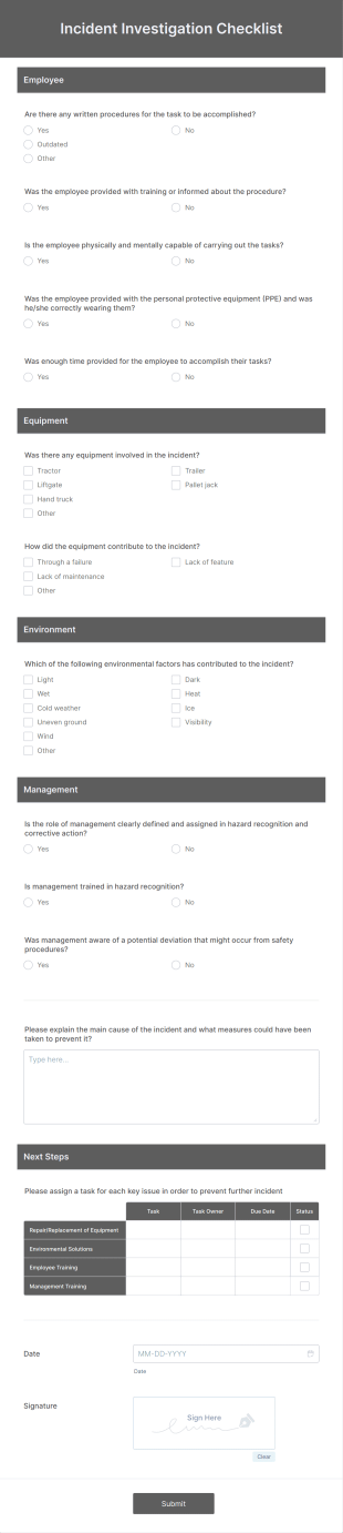 Incident Investigation Checklist Form Template