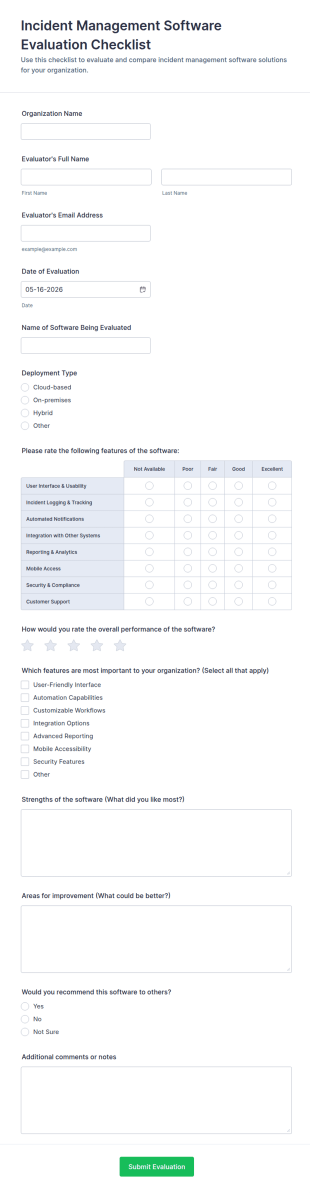 Incident Management Software Evaluation Checklist Form Template