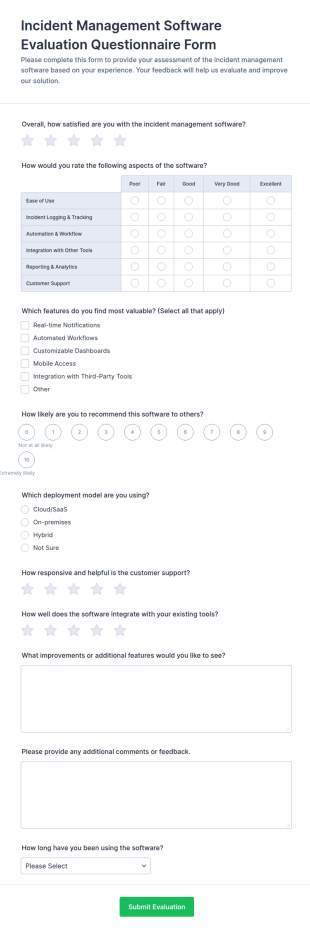 Incident Management Software Evaluation Questionnaire Form Template